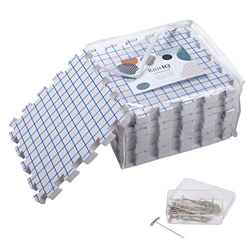 KnitIQ Blocking Mats for Knitting - Extra Thick Blocking Boards with Grids, 100 T-pins and Storage Bag for Needlework or Crochet - Pack of 9 | Set for Knitting