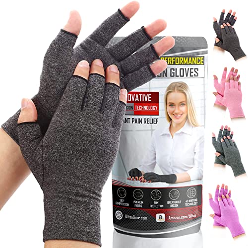 BLITZU Massage Gloves For Hands Copper Hands Arthritis Gloves Women Carpel Tunnel Relief Half Finger Gloves Fingerless Gloves For Women Compression Gloves For Arthritis For Women BLACK M